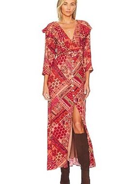 Free People Red Patchwork Floral Wrap Maxi Dress